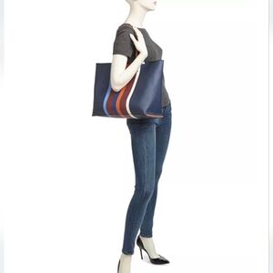 Navy Tote Bag with Multicolor Stripes  Shoulder Tote.